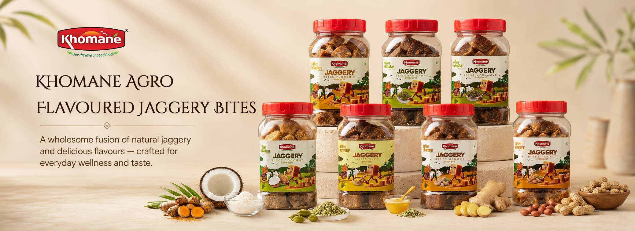 Home 6 Khomaane Agro Flavoured Jaggery Bites in various flavors like coconut, cardamom, and ginger.