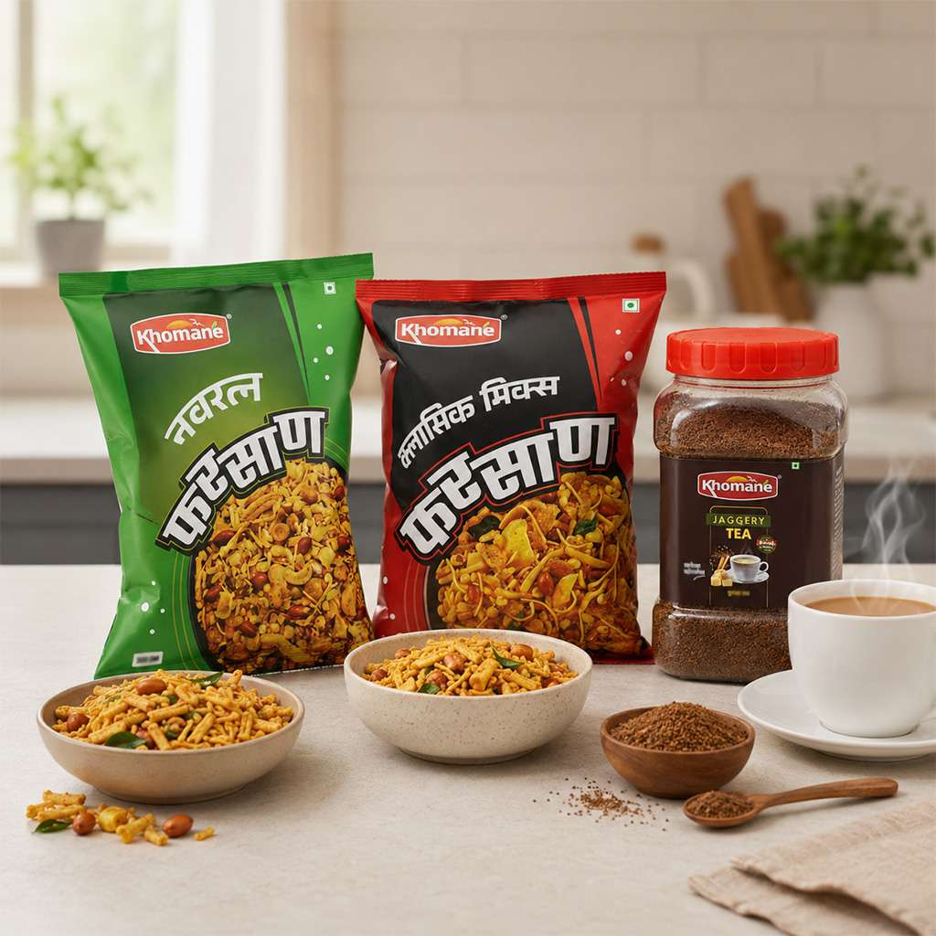 Khomanes Navratan and Classic Mix snacks with jaggery tea and ingredients.