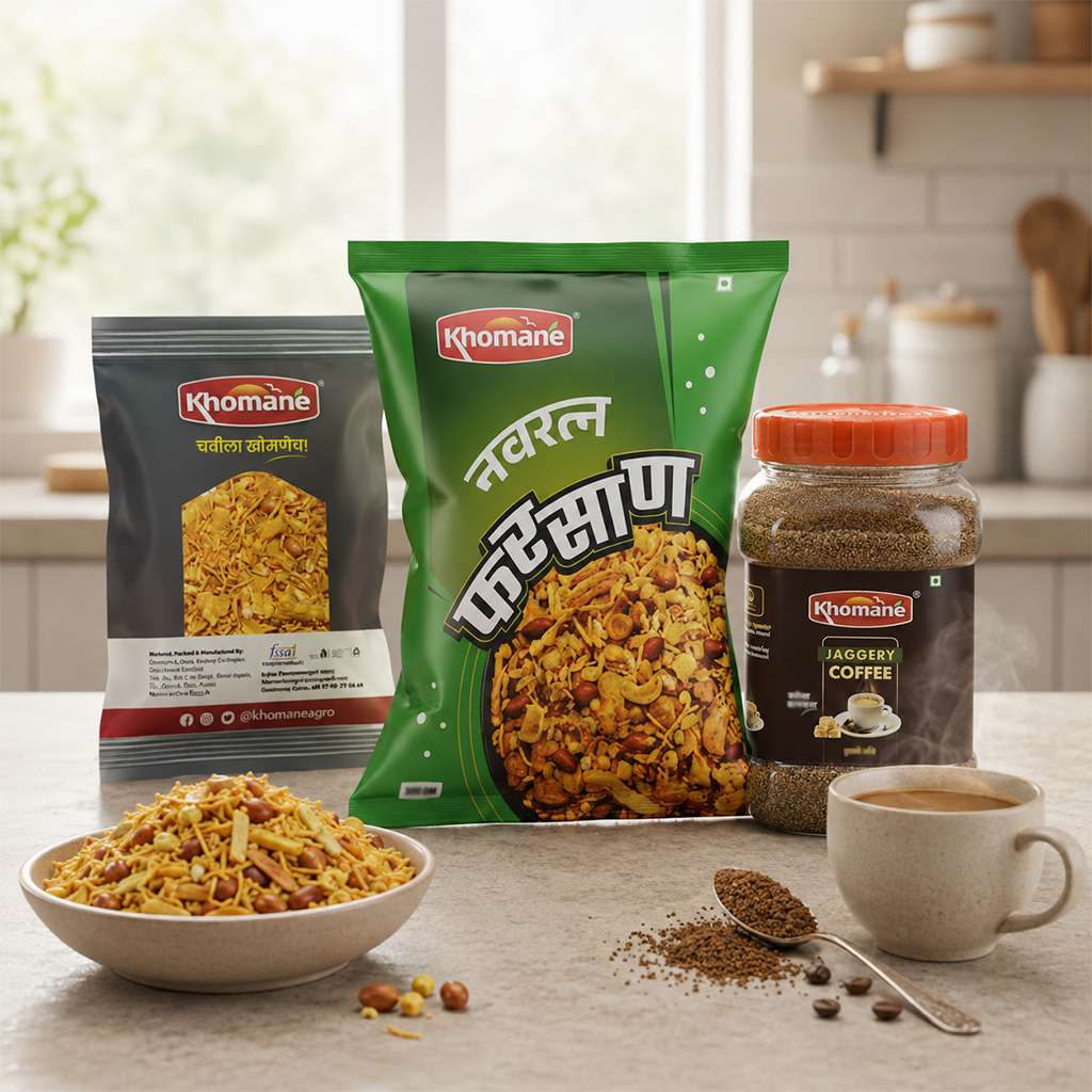 Khomané Navratan Farsan snack mix and jaggery coffee