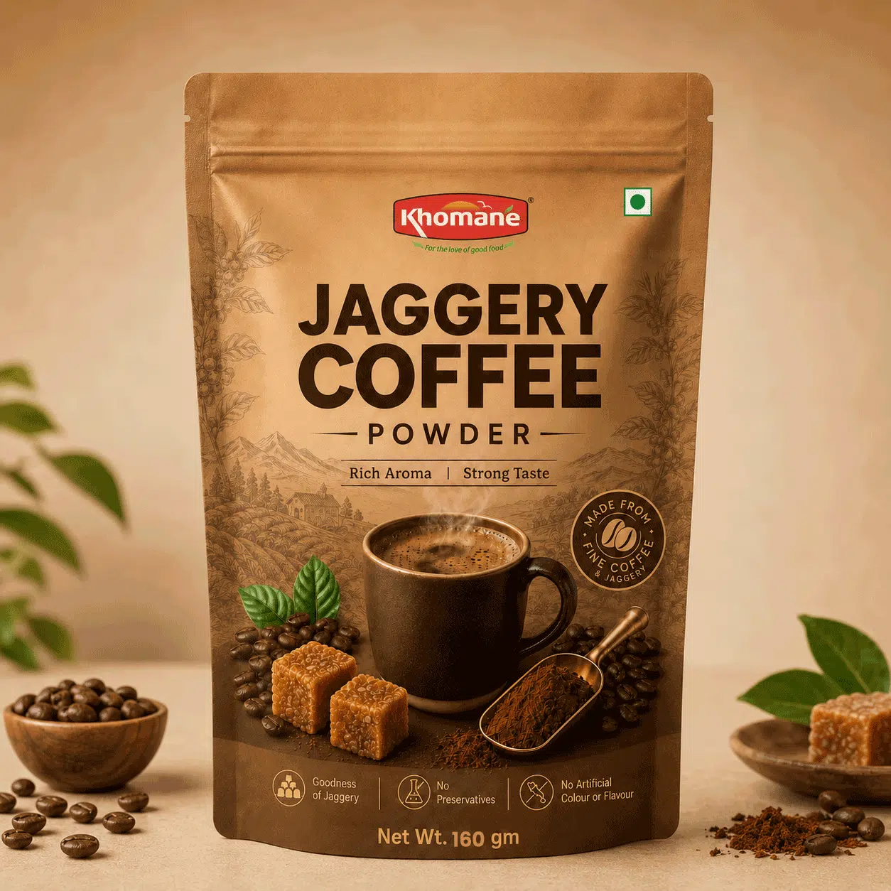 Khomaane Jaggery Coffee Powder pouch with coffee cup, beans, and jaggery cubes