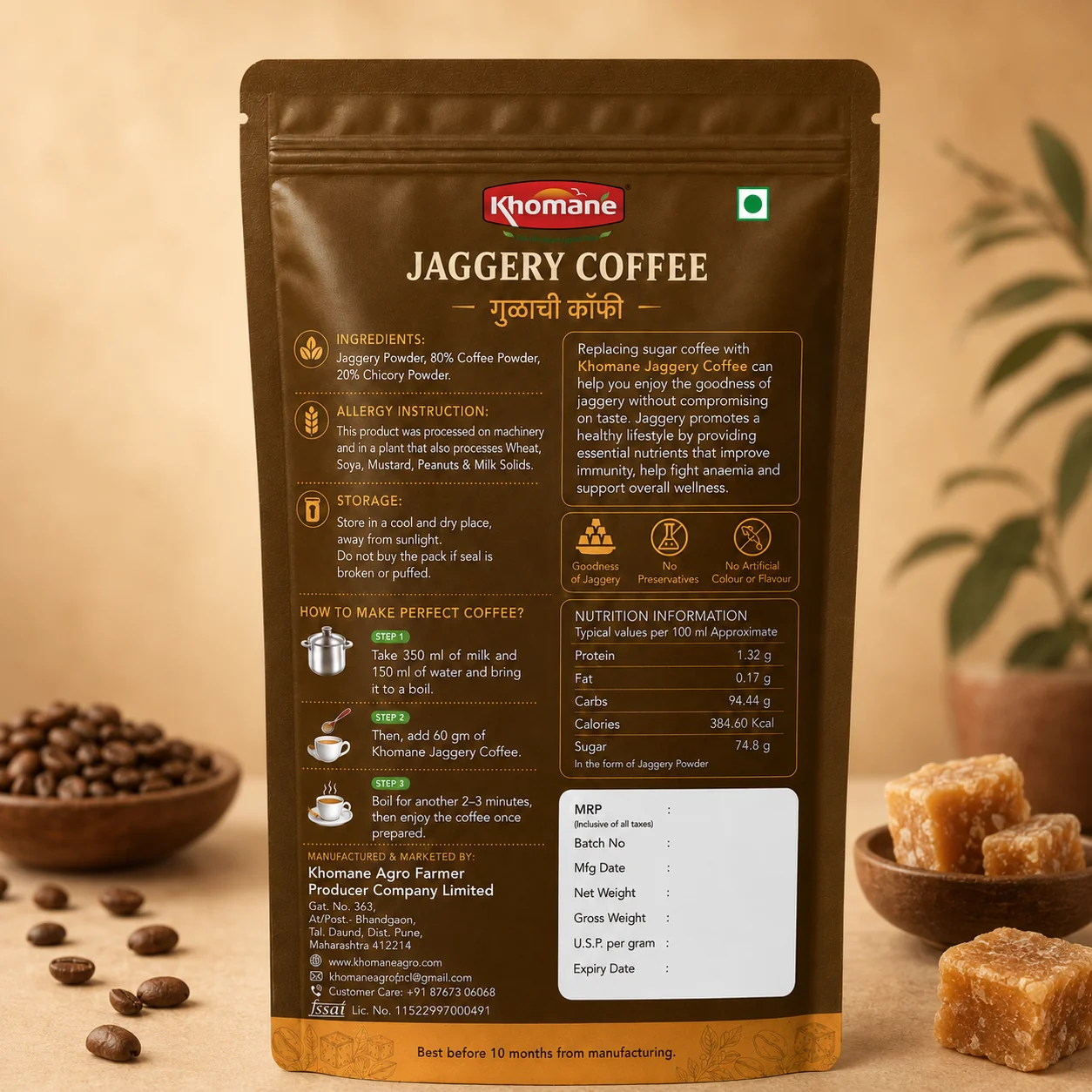 Khomane Jaggery Coffee Powder – 160 g 2 Khomāne Jaggery Coffee pouch with nutritional information and brewing instructions.