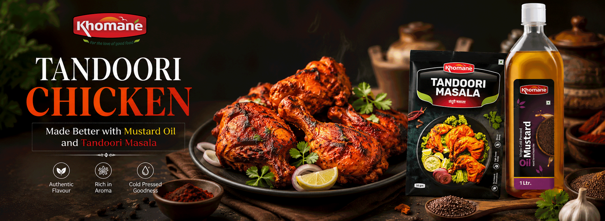 Tandoori chicken recipe with mustard oil served on a plate with lemon and onion rings