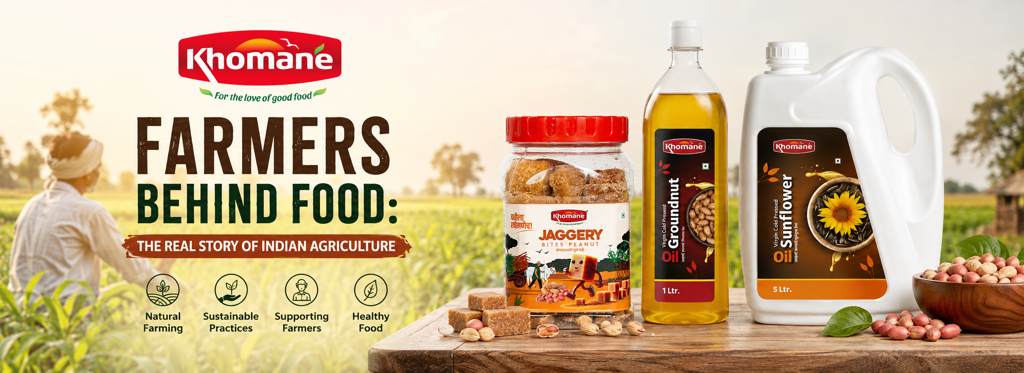 Khomaane Groundnut Oil & Sunflower Oil with Jaggery Peanut Bites, highlighting Indian agriculture.