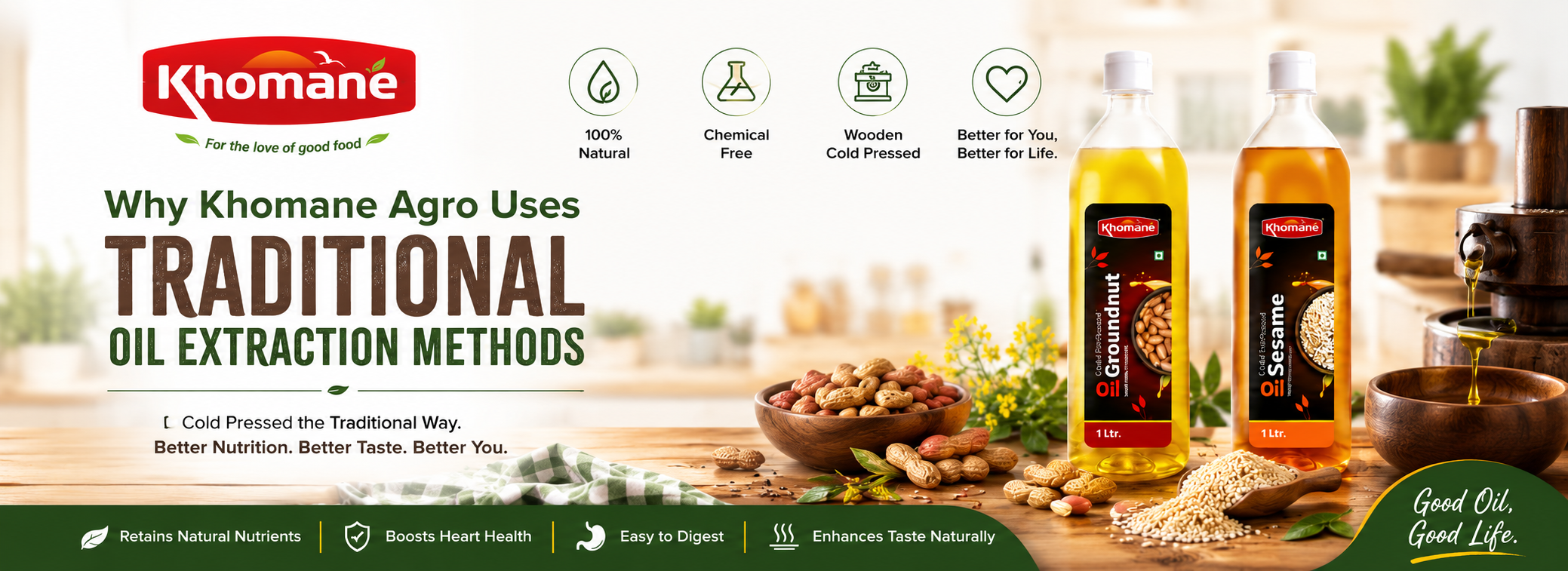 Cold pressed groundnut and sesame oil by Khomane Agro using traditional extraction methods