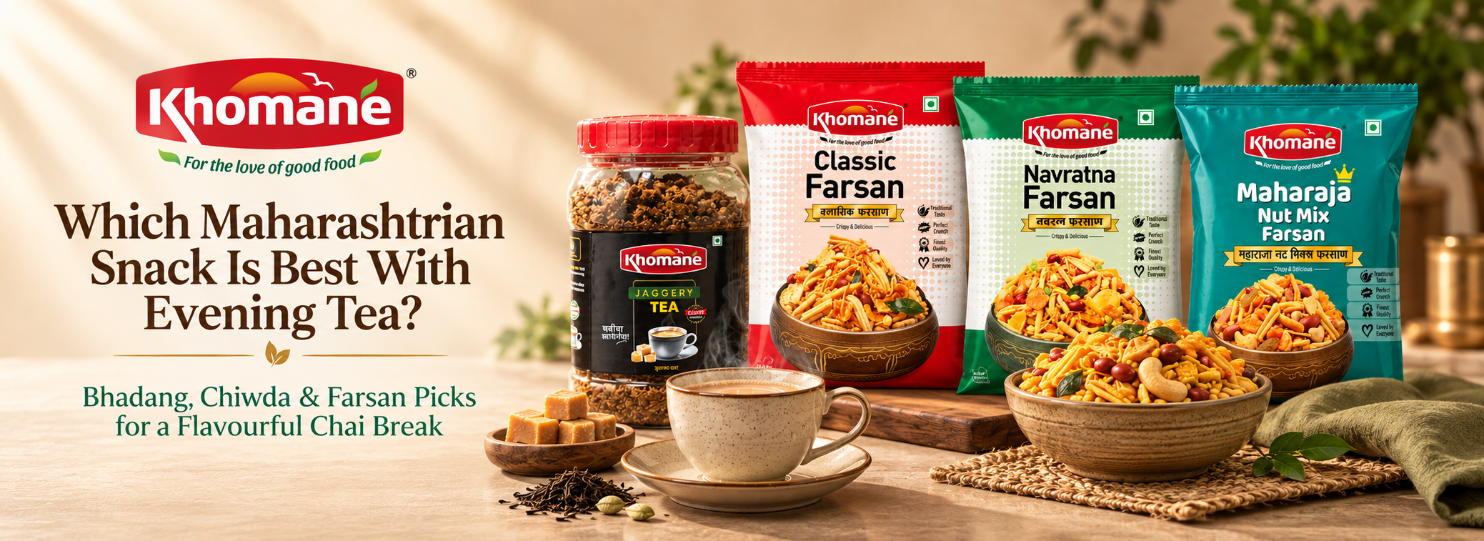 Best Maharashtrian snacks with evening tea featuring Khomane Agro farsan, chiwda and jaggery tea