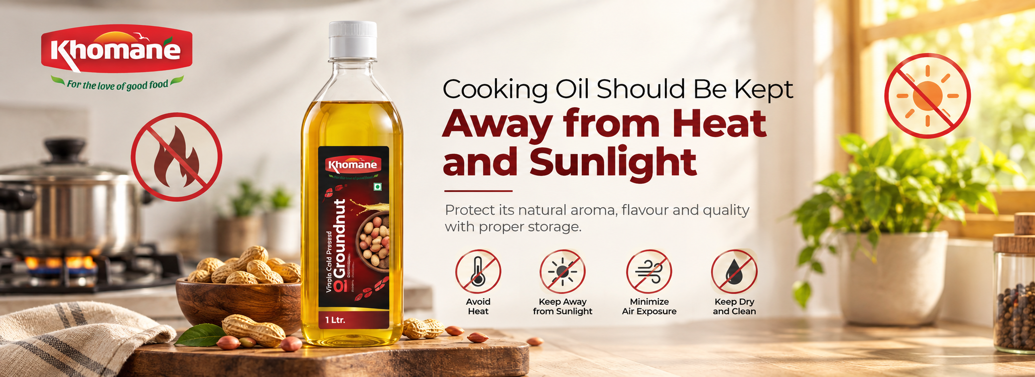 Khomane Agro cold-pressed groundnut oil stored away from heat and sunlight for better freshness and quality
