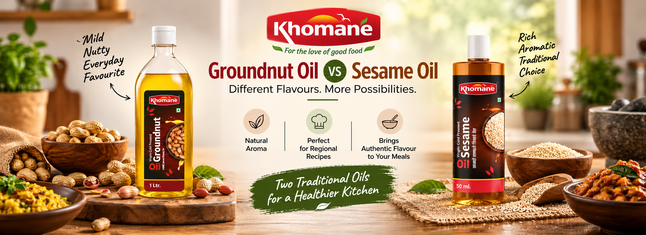 Khomane Agro cold-pressed groundnut oil vs sesame oil comparison for Indian cooking