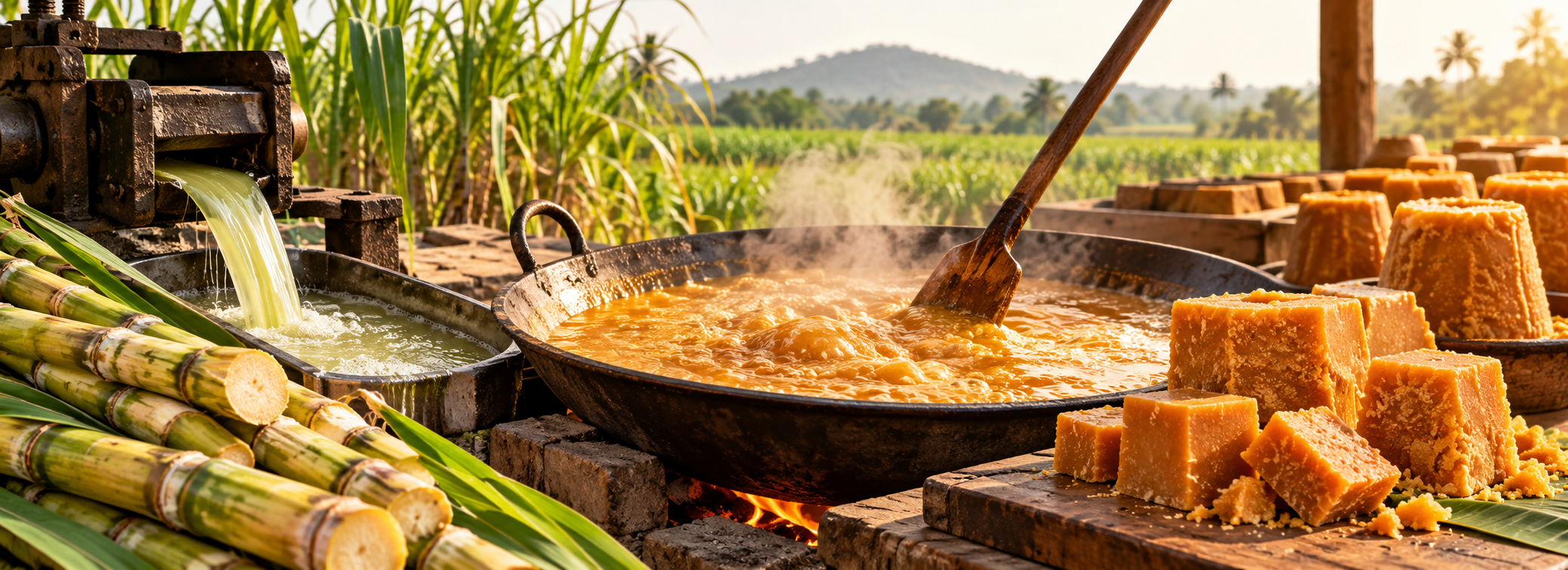 How jaggery is made from sugarcane using the traditional gud making process