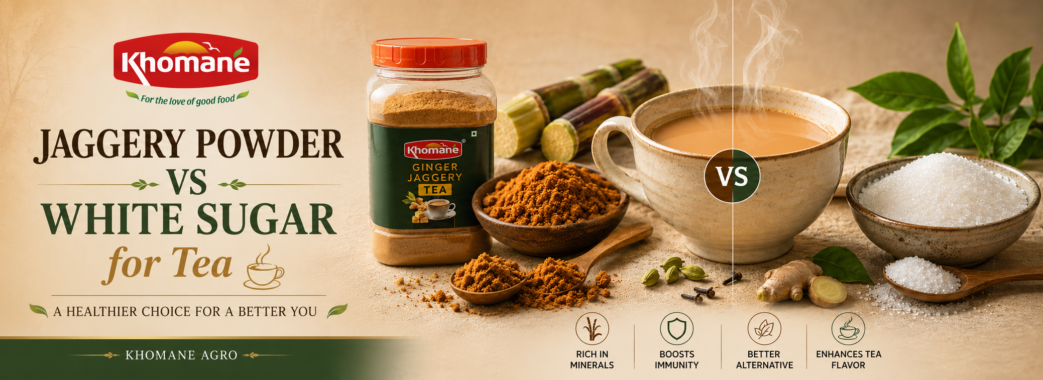 Khomane Jaggery Powder vs. White Sugar for Tea: A healthier choice