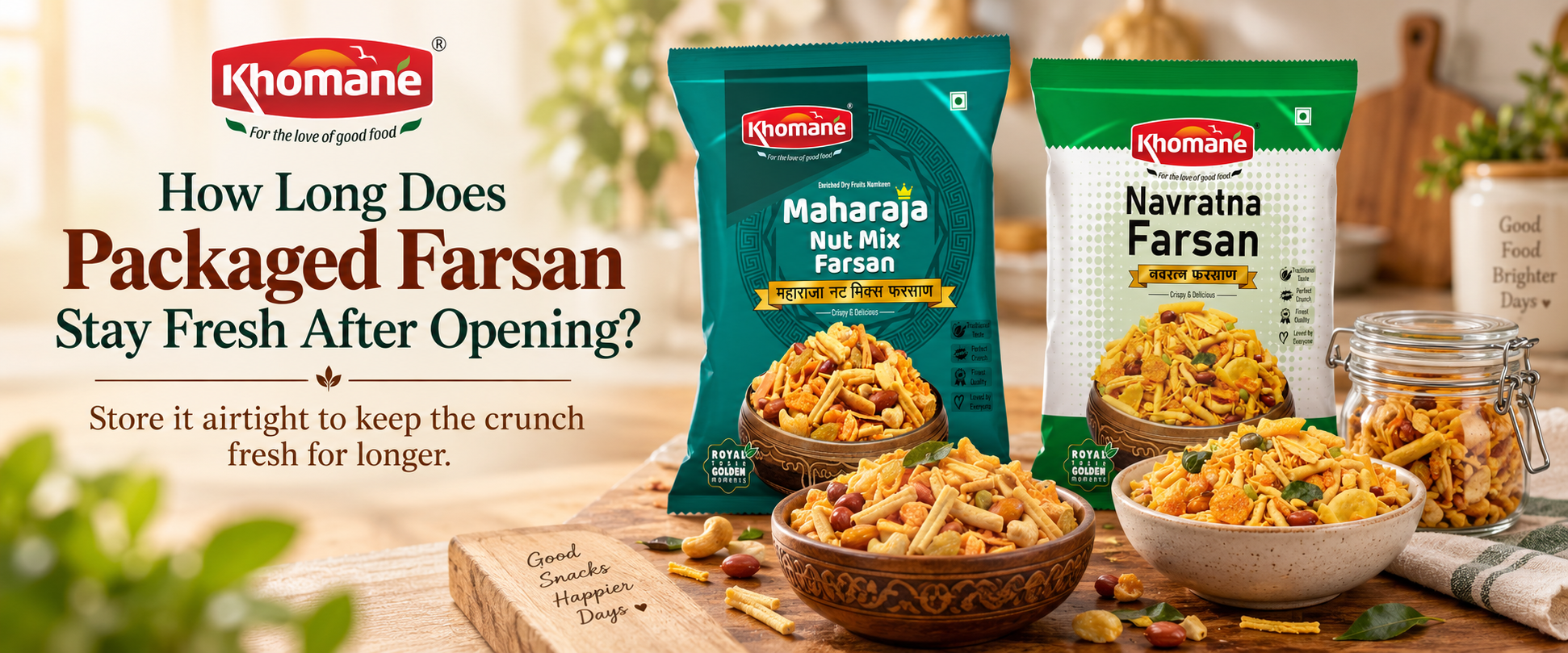 How long packaged farsan stays fresh after opening with Khomane Agro Maharaja and Navratna Farsan