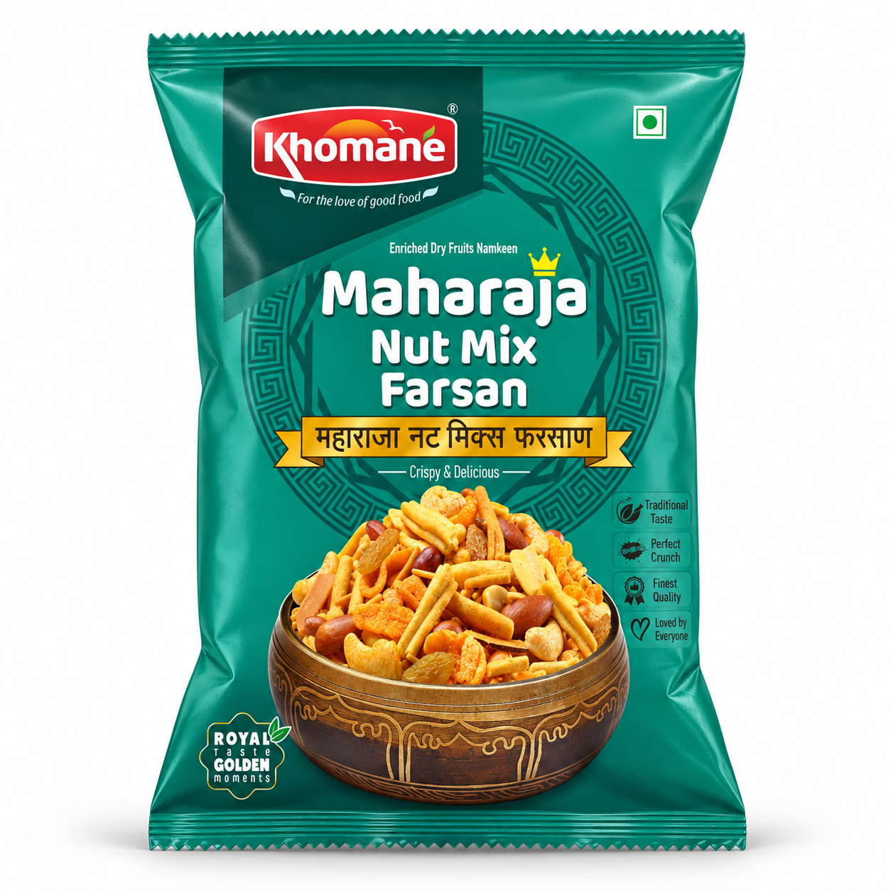 Khomané Maharaja Nut Mix Farsan snack packaging with a bowl of farsan.