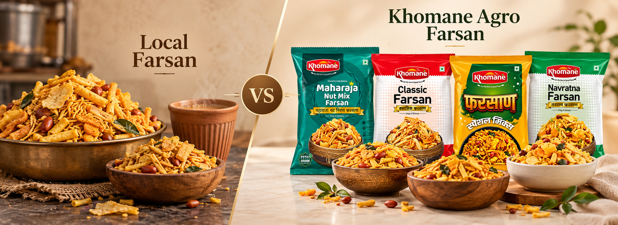 Local farsan vs Khomane Agro farsan comparison with packaged Maharaja Nut Mix, Classic Farsan, Special Mix and Navratna Farsan