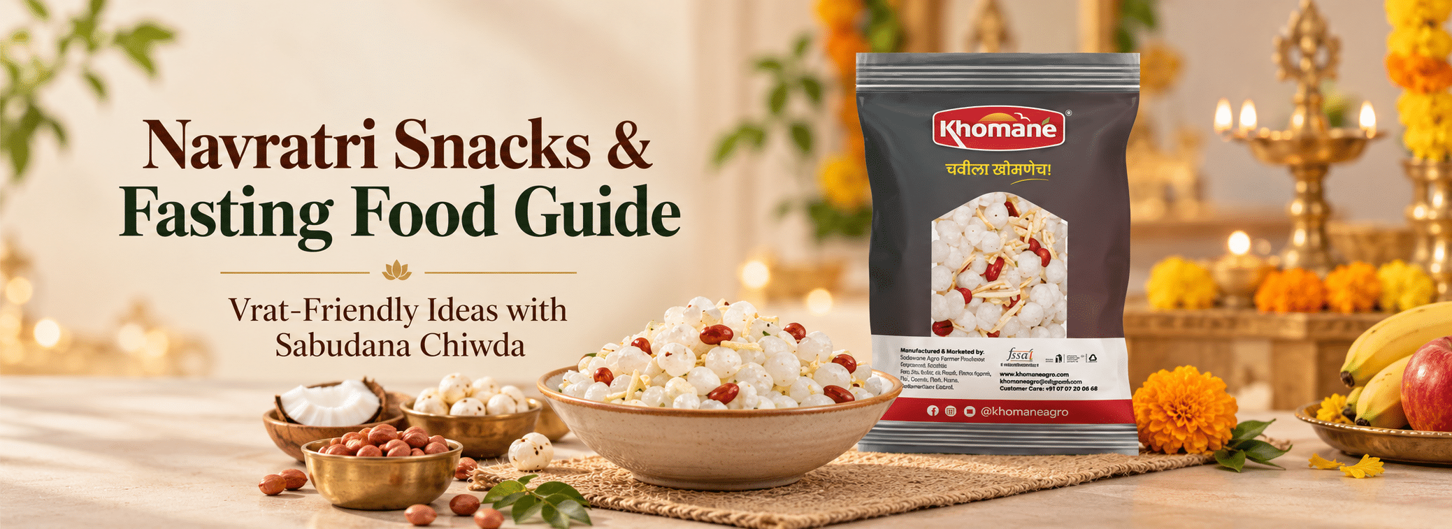 Navratri snacks and fasting food guide featuring Khomane Agro Sabudana Upwas Chiwda