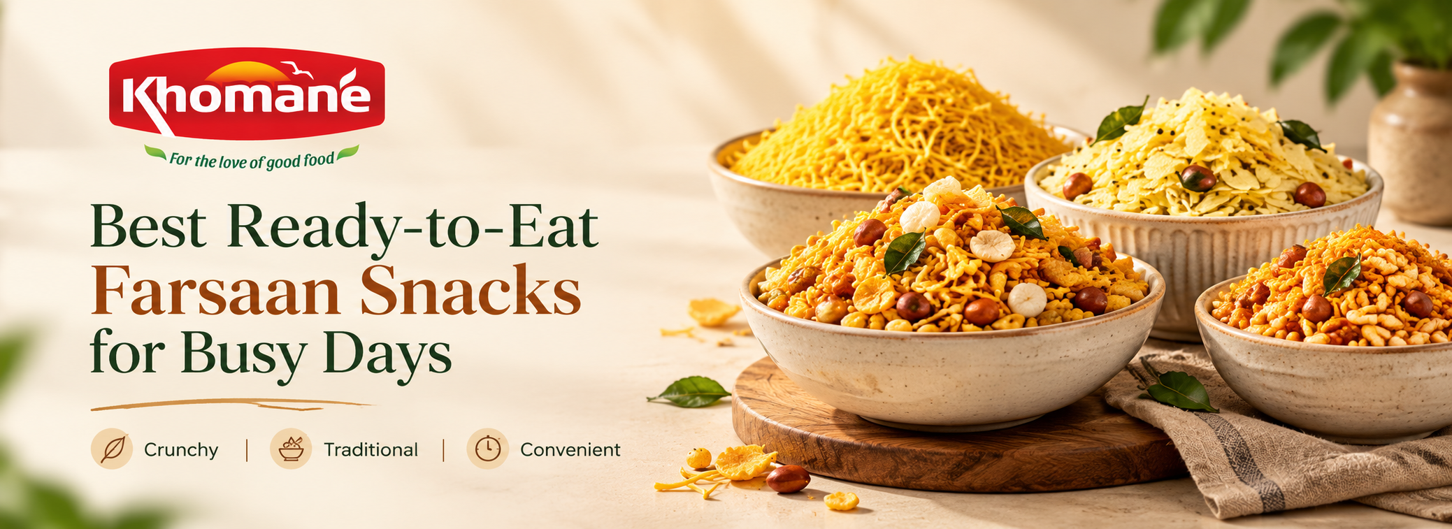 Best ready-to-eat farsaan snacks by Khomane Agro, featuring crunchy sev, chiwda and traditional Indian namkeen mixtures