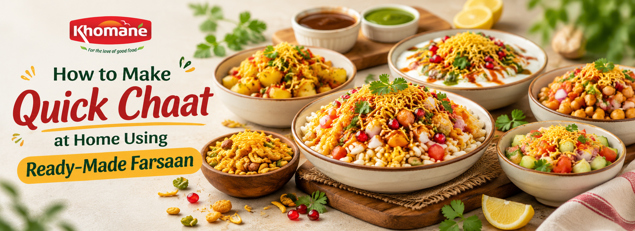 Quick chaat using ready-made farsaan with bhel, dahi chaat, aloo chaat and fresh vegetables by Khomane Agro